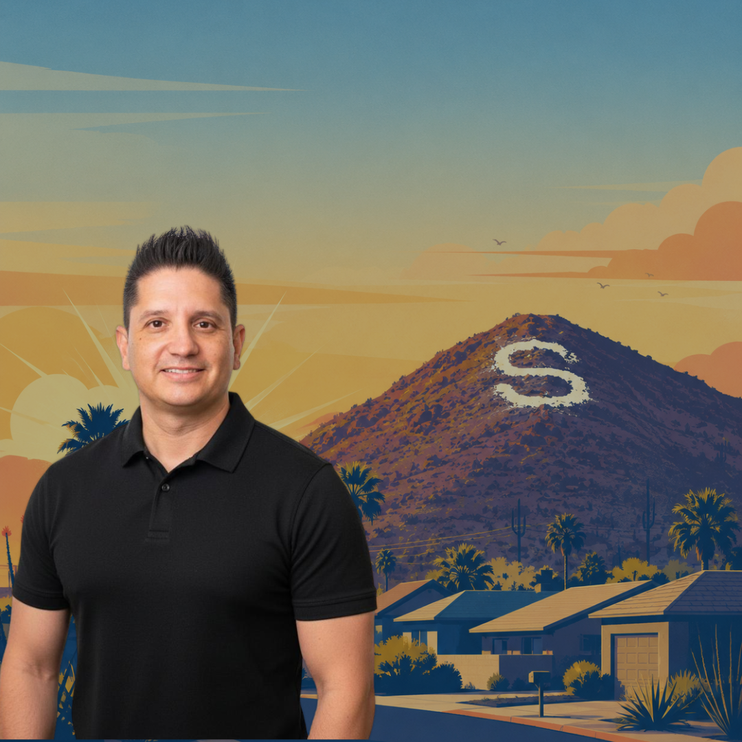 Sergio Norzagaray with an illustrated S Mountain and Phoenix neighborhood background