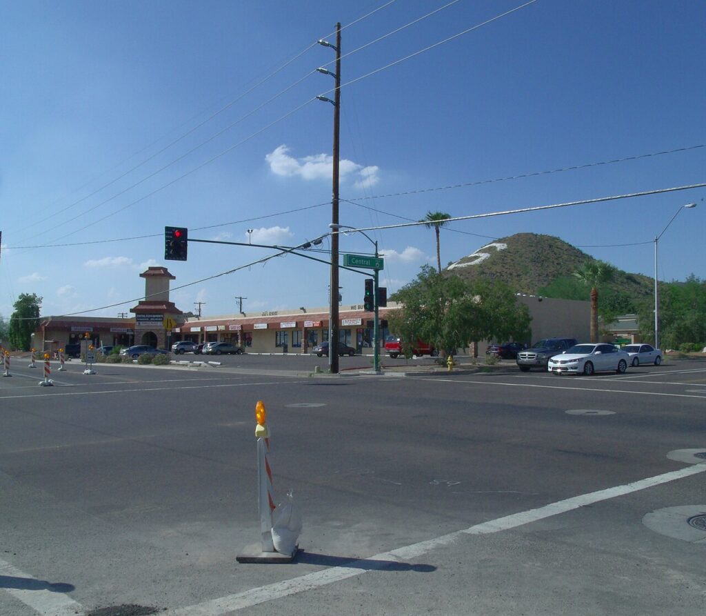 Central Avenue and Hatcher Road intersection with S Mountain in the background, photographed in 2014